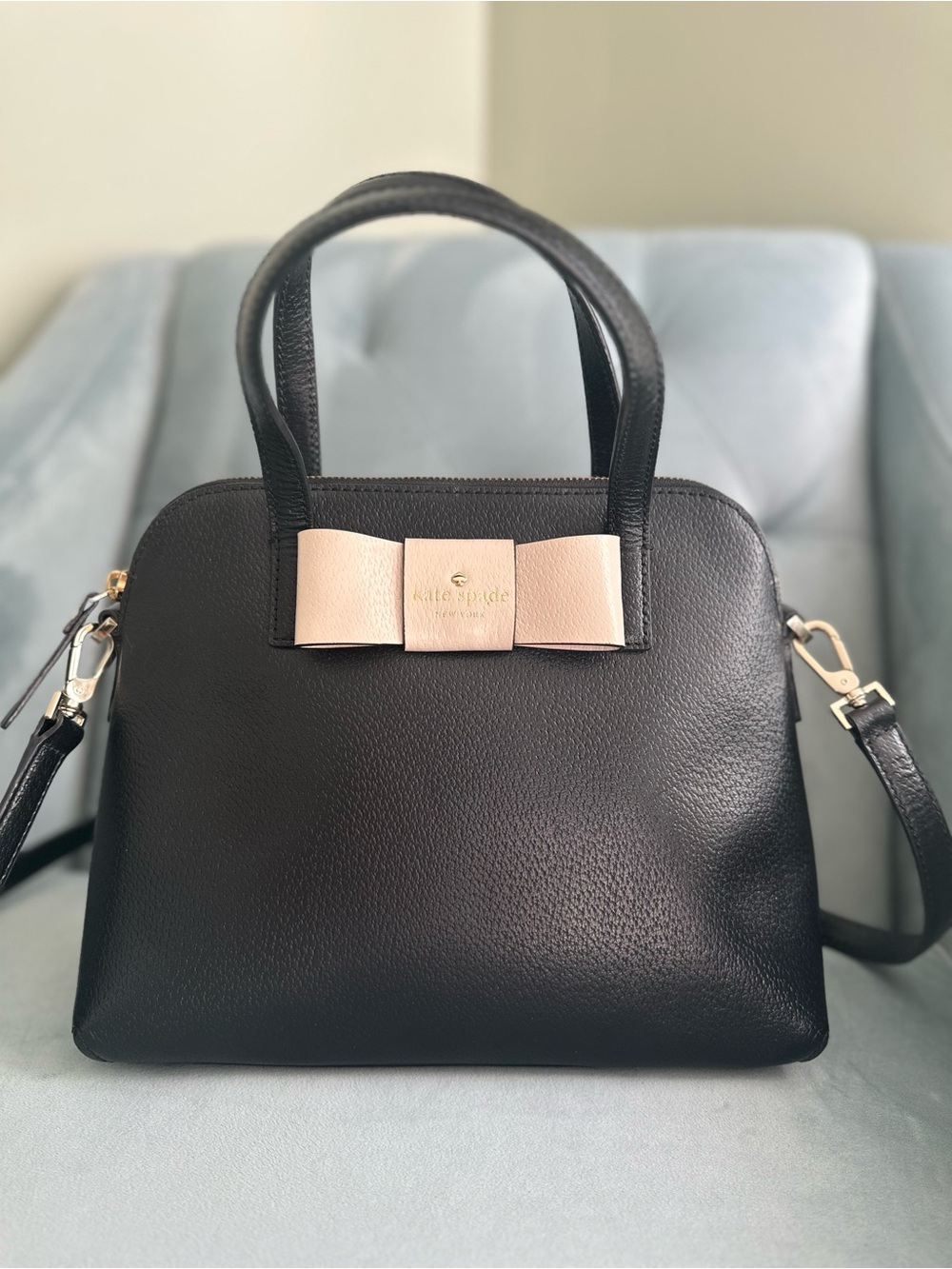 kate spade Black Leather Satchel with Pale Pink Bow